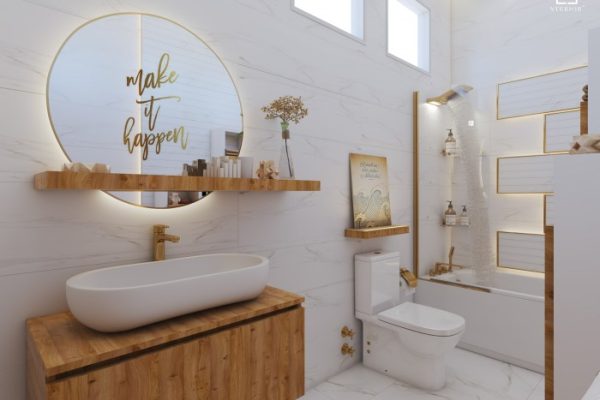 Gold and white bathroom decor