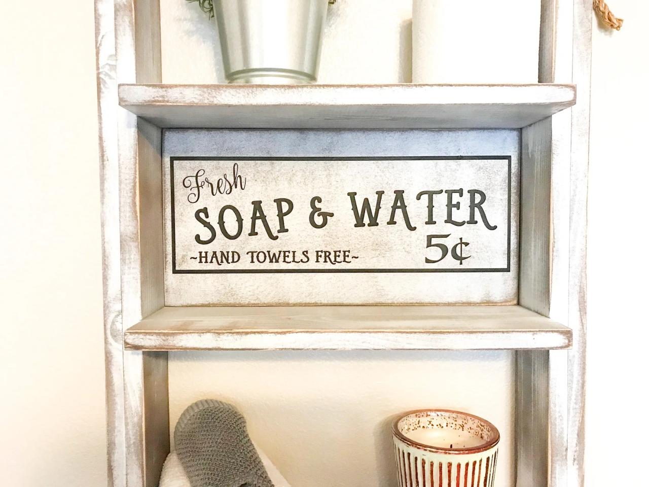 Farmhouse bathroom shelf decor