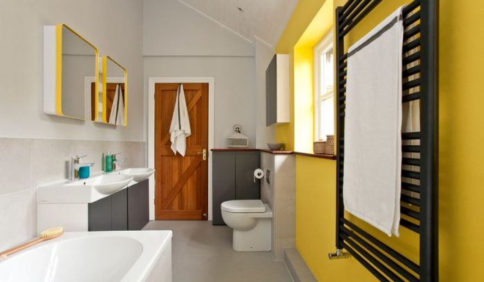 Blue yellow bathroom decor