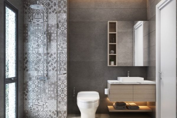 Gray and white bathroom decor